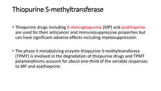 Thiopurine S-methyltransferase
• Thiopurine drugs including 6-mercaptopurine (MP) and azathioprine
are used for their anticancer and immunosuppressive properties but
can have significant adverse effects including myelosuppression.
• The phase II metabolizing enzyme thiopurine S-methyltransferase
(TPMT) is involved in the degradation of thiopurine drugs and TPMT
polymorphisms account for about one-third of the variable responses
to MP and azathioprine.
 