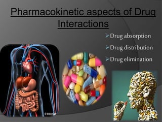 Drug absorption
Drug distribution
Drug elimination
Pharmacokinetic aspects of Drug
Interactions
 