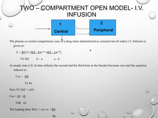 TWO – COMPARTMENT OPEN MODEL- I.V. 
INFUSION 
The plasma or central compartment conc of a drug when administered as constant rate (0 order) i.V. Infusion is 
given as: 
C = R0 [1+(KE - b)e-at +(KE - a)e-bt] 
VCKE b – a a - b 
At steady state (i.E.At time infinity) the second and the third term in the bracket becomes zero and the equation 
reduces to: 
Css = R0 
Vc ke 
Now VC KE = vd b 
Css = r0 = r0 
Vdb clt 
The loading dose X0,L = css vc = R0 
Ke 
1 
Central 
2 
Peripheral 
 