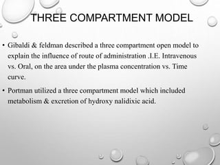 THREE COMPARTMENT MODEL 
• Gibaldi & feldman described a three compartment open model to 
explain the influence of route of administration .I.E. Intravenous 
vs. Oral, on the area under the plasma concentration vs. Time 
curve. 
• Portman utilized a three compartment model which included 
metabolism & excretion of hydroxy nalidixic acid. 
 