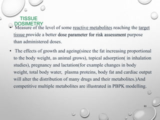 TISSUE 
DOSIMETRY 
• Measure of the level of some reactive metabolites reaching the target 
tissue provide a better dose parameter for risk assessment purpose 
than administered doses. 
• The effects of growth and ageing(since the fat increasing proportional 
to the body weight, as animal grows), topical adsorption( in inhalation 
studies), pregnancy and lactation(for example changes in body 
weight, total body water, plasma proteins, body fat and cardiac output 
will alter the distribution of many drugs and their metabolites.)And 
competitive multiple metabolites are illustrated in PBPK modelling. 
83 
 