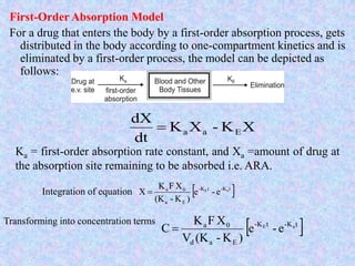 First-Order Absorption Model
For a drug that enters the body by a first-order absorption process, gets
distributed in the body according to one-compartment kinetics and is
eliminated by a first-order process, the model can be depicted as
follows:
XK-XK
dt
dX
Eaa
Ka = first-order absorption rate constant, and Xa =amount of drug at
the absorption site remaining to be absorbed i.e. ARA.
Integration of equation  tK-tK-
Ea
0a aE
e-e
)K-(K
XFK
X 
Transforming into concentration terms
 tK-tK-
Ead
0a aE
e-e
)K-(KV
XFK
C 
 