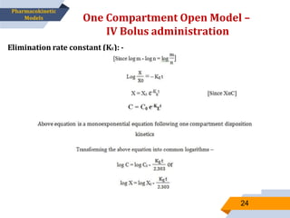 Elimination rate constant (KE): -
One Compartment Open Model –
IV Bolus administration
24
Pharmacokinetic
Models
 