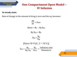 At steady state:
Rate of change in the amount of drug is zero and the eq. becomes
One Compartment Open Model –
IV Infusion
32
Pharmacokinetic
Models
 
