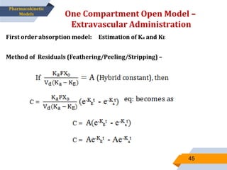 One Compartment Open Model –
Extravascular Administration
45
Pharmacokinetic
Models
First order absorption model: Estimation of Ka and KE
Method of Residuals (Feathering/Peeling/Stripping) –
 