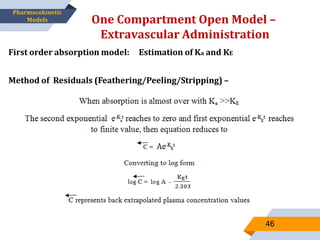 One Compartment Open Model –
Extravascular Administration
46
Pharmacokinetic
Models
First order absorption model: Estimation of Ka and KE
Method of Residuals (Feathering/Peeling/Stripping) –
 
