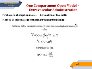 One Compartment Open Model –
Extravascular Administration
48
Pharmacokinetic
Models
First order absorption model: Estimation of Ka and KE
Method of Residuals (Feathering/Peeling/Stripping) –
 
