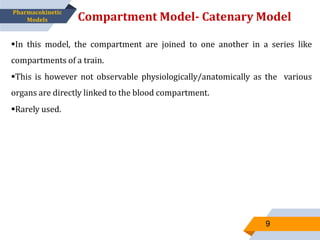 In this model, the compartment are joined to one another in a series like
compartments of a train.
This is however not observable physiologically/anatomically as the various
organs are directly linked to the blood compartment.
Rarely used.
Compartment Model- Catenary Model
9
Pharmacokinetic
Models
 
