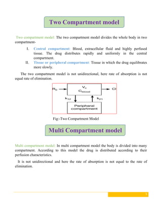5
Two compartment model: The two compartment model divides the whole body in two
compartment-
I. Central compartment: Blood, extracellular fluid and highly perfused
tissue. The drug distributes rapidly and uniformly in the central
compartment.
II. Tissue or peripheral compartment: Tissue in which the drug equilibrates
more slowly.
The two compartment model is not unidirectional, here rate of absorption is not
equal rate of elimination.
Fig:-Two Compartment Model
Multi compartment model: In multi compartment model the body is divided into many
compartment. According to this model the drug is distributed according to their
perfusion characteristics.
It is not unidirectional and here the rate of absorption is not equal to the rate of
elimination.
Two Compartment model
Multi Compartment model
 