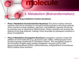 3. Metabolism (Biotransformation):
• The process of drug metabolism involves two phases:
• Phase I Metabolism (Functionalization Reactions): This phase involves chemical
reactions that aim to introduce or unmask functional groups on the drug molecule.
These reactions include oxidation, reduction, and hydrolysis, typically carried out
by enzymes such as cytochrome P450 enzymes. Phase I reactions can increase the
polarity of the drug molecule, making it more amenable to subsequent reactions in
phase II metabolism.
• Phase II Metabolism (Conjugation Reactions): Conjugation reactions involve the
addition of small molecules (e.g., glucuronic acid, sulfate, methyl groups) to the
functional groups introduced or unmasked in Phase I. This conjugation results in
the formation of highly water-soluble metabolites. Enzymes such as UDP-
glucuronosyltransferases (UGTs), sulfotransferases, and glutathione S-transferases
(GSTs) catalyze these reactions.
 