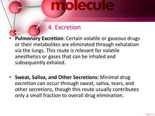 4. Excretion
• Pulmonary Excretion: Certain volatile or gaseous drugs
or their metabolites are eliminated through exhalation
via the lungs. This route is relevant for volatile
anesthetics or gases that can be inhaled and
subsequently exhaled.
• Sweat, Saliva, and Other Secretions: Minimal drug
excretion can occur through sweat, saliva, tears, and
other secretions, though this route usually contributes
only a small fraction to overall drug elimination.
 