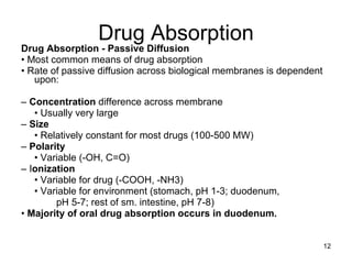 Drug Absorption Drug Absorption - Passive Diffusion •  Most common means of drug absorption •  Rate of passive diffusion across biological membranes is dependent upon: –  Concentration  difference across membrane •  Usually very large –  Size •  Relatively constant for most drugs (100-500 MW) –  Polarity •  Variable (-OH, C=O) –  I onization •  Variable for drug (-COOH, -NH3) •  Variable for environment (stomach, pH 1-3; duodenum, pH 5-7; rest of sm. intestine, pH 7-8) •  Majority of oral drug absorption occurs in duodenum. 