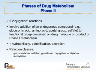 “ Conjugation” reactions Involve addition of an endogenous compound (e.g., glucuronic acid, amino acid, acetyl group, sulfate) to functional group contained on drug molecule or product of Phase I metabolism ↑   hydrophilicity, detoxification, excretion Reaction classes: glucuronidation, sulfation, glutathione conjugation, acetylation, methylation Phases of Drug Metabolism Phase II 