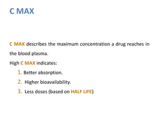 C MAX
C MAX describes the maximum concentration a drug reaches in
the blood plasma.
High C MAX indicates:
1. Better absorption.
2. Higher bioavailability.
3. Less doses (based on HALF LIFE)
 