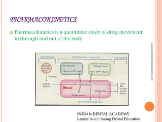 PHARMACOKINETICS
 Pharmacokinetics is a quantitave study of drug movement
in,through and out of the body
INDIAN DENTAL ACADEMY
Leader in continuing Dental Education
www.indiandentalacademy.com
 