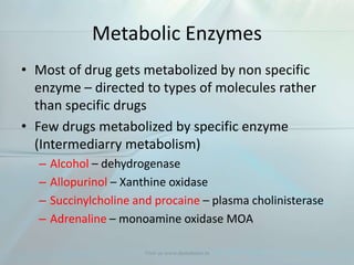 Metabolic Enzymes
• Most of drug gets metabolized by non specific
enzyme – directed to types of molecules rather
than specific drugs
• Few drugs metabolized by specific enzyme
(Intermediarry metabolism)
– Alcohol – dehydrogenase
– Allopurinol – Xanthine oxidase
– Succinylcholine and procaine – plasma cholinisterase
– Adrenaline – monoamine oxidase MOA
Visit us www.dentaltutor.in
 