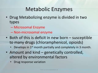 Metabolic Enzymes
• Drug Metabolizing enzyme is divided in two
types
– Microsomal Enzyme
– Non-microsomal enzyme
• Both of this is deficit in new born – susceptible
to many drugs (chloramphenicol, opioids)
• Develops in 1st month partially and completely in 3 month.
• Amount and kind – genetically controlled,
altered by environmental factors
• Drug response variation
Visit us www.dentaltutor.in
 