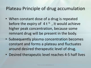 Plateau Principle of drug accumulation
• When constant dose of a drug is repeated
before the expiry of 4 t ½ , it would achieve
higher peak concentration, because some
remnant drug will be present in the body.
• Subsequently plasma concentration becomes
constant and forms a plateau and fluctuates
around desired therapeutic level of drug.
• Desired therapeutic level reaches 4-5 half lives
Visit us www.dentaltutor.in
 
