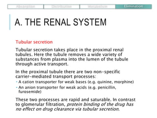 A. THE RENAL SYSTEM
Tubular secretion
Tubular secretion takes place in the proximal renal
tubules. Here the tubule removes a wide variety of
substances from plasma into the lumen of the tubule
through active transport.
In the proximal tubule there are two non-specific
carrier-mediated transport processes:
 A cation transporter for weak bases (e.g. quinine, morphine)
 An anion transporter for weak acids (e.g. penicillin,
furosemide)
These two processes are rapid and saturable. In contrast
to glomerular filtration, protein binding of the drug has
no effect on drug clearance via tubular secretion.
Absorption Distribution Metabolism Elimination
 