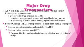 Major Drug
Transporters• ATP-Binding Cassette Transporters (ABC) Super family –
Primary active transport
• P-glycoprotein (P-gp encoded by MDR1)
• Intestinal mucosa, renal tubules and blood brain barrier etc.
• Mediate only efflux of solute from cytoplasm - detoxification
 Solute Carrier (SLC) transporters – Secondary active transport
 Organic anion transporting polypeptides (OATPs)
 Organic cation transporters (OCTs)
Expressed in liver and renal tubules – metabolism and excretion of
drugs
 