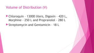 Volume of Distribution (V)
Chloroquin – 13000 liters, Digoxin – 420 L,
Morphine – 250 L and Propranolol – 280 L
Streptomycin and Gentamicin – 18 L
 