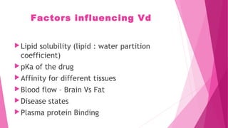 Factors influencing Vd
Lipid solubility (lipid : water partition
coefficient)
pKa of the drug
Affinity for different tissues
Blood flow – Brain Vs Fat
Disease states
Plasma protein Binding
 