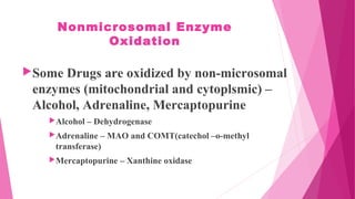 Nonmicrosomal Enzyme
Oxidation
Some Drugs are oxidized by non-microsomal
enzymes (mitochondrial and cytoplsmic) –
Alcohol, Adrenaline, Mercaptopurine
Alcohol – Dehydrogenase
Adrenaline – MAO and COMT(catechol –o-methyl
transferase)
Mercaptopurine – Xanthine oxidase
 