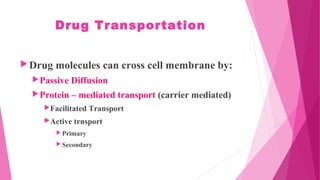 Drug Transportation
Drug molecules can cross cell membrane by:
Passive Diffusion
Protein – mediated transport (carrier mediated)
Facilitated Transport
Active trnsport
 Primary
 Secondary
 