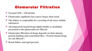 Glomerular Filtration
 Normal GFR – 120 ml/min
 Glomerular capillaries have pores larger than usual
 The kidney is responsible for excreting of all water soluble
substances
 All nonprotein bound drugs (lipid soluble or insoluble)
presented to the glomerulus are filtered
 Glomerular filtration of drugs depends on their plasma
protein binding and renal blood flow - Protein bound drugs
are not filtered !
 Renal failure and aged persons
 
