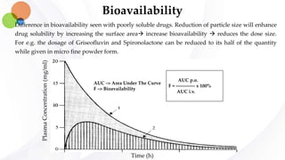 Bioavailability
PlasmaConcentration(mg/ml)
Time (h)
AUC p.o.
F = ------------ x 100%
AUC i.v.
AUC –> Area Under The Curve
F –> Bioavailability
Difference in bioavailability seen with poorly soluble drugs. Reduction of particle size will enhance
drug solubility by increasing the surface area increase bioavailability  reduces the dose size.
For e.g. the dosage of Griseofluvin and Spironolactone can be reduced to its half of the quantity
while given in micro fine powder form.
 