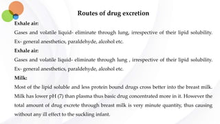 Routes of drug excretion
Exhale air:
Gases and volatile liquid- eliminate through lung, irrespective of their lipid solubility.
Ex- general anesthetics, paraldehyde, alcohol etc.
Exhale air:
Gases and volatile liquid- eliminate through lung , irrespective of their lipid solubility.
Ex- general anesthetics, paraldehyde, alcohol etc.
Milk:
Most of the lipid soluble and less protein bound drugs cross better into the breast milk.
Milk has lower pH (7) than plasma thus basic drug concentrated more in it. However the
total amount of drug excrete through breast milk is very minute quantity, thus causing
without any ill effect to the suckling infant.
 