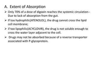 A. Extent of Absorption
 Only 70% of a dose of digoxin reaches the systemic circulation--
Due to lack of absorption from the gut.
 If too hydrophilic(ATENOLOL), the drug cannot cross the lipid
cell membrane;
 if too lipophilic(ACYCLOVIR), the drug is not soluble enough to
cross the water layer adjacent to the cell.
 Drugs may not be absorbed because of a reverse transporter
associated with P-glycoprotein.
 