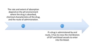 The rate and extent of absorption
depend on the pH environment
where the drug is absorbed,
chemical characteristics of the drug,
and the route of administration.
If a drug is administered by oral
route, it has to cross the membranes
of GIT and blood vessels to enter
into the blood.
 