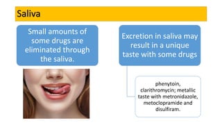 Saliva
Small amounts of
some drugs are
eliminated through
the saliva.
Excretion in saliva may
result in a unique
taste with some drugs
phenytoin,
clarithromycin; metallic
taste with metronidazole,
metoclopramide and
disulfiram.
 