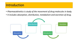 Introduction
• Pharmacokinetics is study of the movement of drug molecules in body.
• It includes absorption, distribution, metabolism and excretion of drug.
Absorption
Distribution
Metabolism
Excretion
 