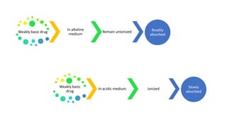 Weakly basic drug
In alkaline
medium
Remain unionized Readily
absorbed
Weakly basic
drug
In acidic medium ionized Slowly
absorbed
 