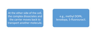 At the other side of the cell,
the complex dissociates and
the carrier moves back to
transport another molecule.
e.g., methyl DOPA,
levodopa, 5-fluorouracil.
 