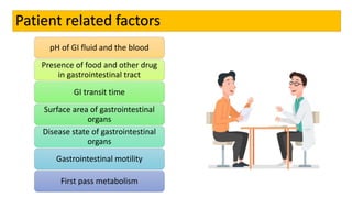 Patient related factors
pH of GI fluid and the blood
Presence of food and other drug
in gastrointestinal tract
GI transit time
Surface area of gastrointestinal
organs
Disease state of gastrointestinal
organs
Gastrointestinal motility
First pass metabolism
 
