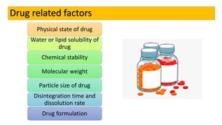 Drug related factors
Physical state of drug
Water or lipid solubility of
drug
Chemical stability
Molecular weight
Particle size of drug
Disintegration time and
dissolution rate
Drug formulation
 