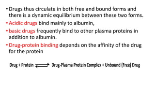 • Drugs thus circulate in both free and bound forms and
there is a dynamic equilibrium between these two forms.
• Acidic drugs bind mainly to albumin,
• basic drugs frequently bind to other plasma proteins in
addition to albumin.
• Drug-protein binding depends on the affinity of the drug
for the protein
Drug + Protein Drug-Plasma Protein Complex + Unbound (Free) Drug
 