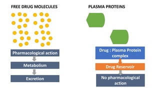 Drug : Plasma Protein
complex
Drug Reservoir
No pharmacological
action
FREE DRUG MOLECULES PLASMA PROTEINS
Pharmacological action
Metabolism
Excretion
 