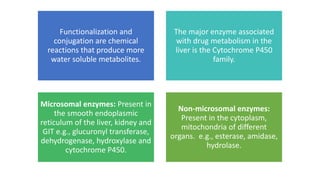 Functionalization and
conjugation are chemical
reactions that produce more
water soluble metabolites.
The major enzyme associated
with drug metabolism in the
liver is the Cytochrome P450
family.
Microsomal enzymes: Present in
the smooth endoplasmic
reticulum of the liver, kidney and
GIT e.g., glucuronyl transferase,
dehydrogenase, hydroxylase and
cytochrome P450.
Non-microsomal enzymes:
Present in the cytoplasm,
mitochondria of different
organs. e.g., esterase, amidase,
hydrolase.
 