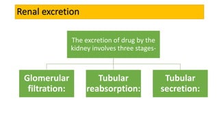 Renal excretion
The excretion of drug by the
kidney involves three stages-
Glomerular
filtration:
Tubular
reabsorption:
Tubular
secretion:
 