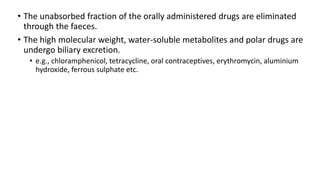 • The unabsorbed fraction of the orally administered drugs are eliminated
through the faeces.
• The high molecular weight, water-soluble metabolites and polar drugs are
undergo biliary excretion.
• e.g., chloramphenicol, tetracycline, oral contraceptives, erythromycin, aluminium
hydroxide, ferrous sulphate etc.
 