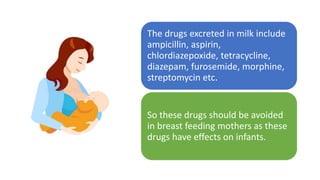 The drugs excreted in milk include
ampicillin, aspirin,
chlordiazepoxide, tetracycline,
diazepam, furosemide, morphine,
streptomycin etc.
So these drugs should be avoided
in breast feeding mothers as these
drugs have effects on infants.
 