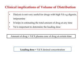 Clinical implications of Volume of Distribution
• Dialysis is not very useful for drugs with high Vd e.g digoxin,
imipramine
• It helps in estimating the total amount of drug at any time
• Vd is important to determine the loading dose
Loading dose = Vd X desired concentration
Amount of drug = Vd X plasma conc of drug at certain time
 