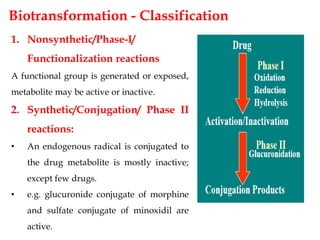 1. Nonsynthetic/Phase-I/
Functionalization reactions
A functional group is generated or exposed,
metabolite may be active or inactive.
2. Synthetic/Conjugation/ Phase II
reactions:
• An endogenous radical is conjugated to
the drug metabolite is mostly inactive;
except few drugs.
• e.g. glucuronide conjugate of morphine
and sulfate conjugate of minoxidil are
active.
Biotransformation - Classification
 