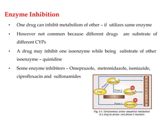 Enzyme Inhibition
• One drug can inhibit metabolism of other – if utilizes same enzyme
• However not common because different drugs are substrate of
different CYPs
• A drug may inhibit one isoenzyme while being substrate of other
isoenzyme – quinidine
• Some enzyme inhibitors – Omeprazole, metronidazole, isoniazide,
ciprofloxacin and sulfonamides
 