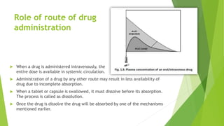 Role of route of drug
administration
 When a drug is administered intravenously, the
entire dose is available in systemic circulation.
 Administration of a drug by any other route may result in less availability of
drug due to incomplete absorption.
 When a tablet or capsule is swallowed, it must dissolve before its absorption.
The process is called as dissolution.
 Once the drug is dissolve the drug will be absorbed by one of the mechanisms
mentioned earlier.
 