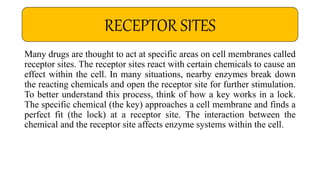 Many drugs are thought to act at specific areas on cell membranes called
receptor sites. The receptor sites react with certain chemicals to cause an
effect within the cell. In many situations, nearby enzymes break down
the reacting chemicals and open the receptor site for further stimulation.
To better understand this process, think of how a key works in a lock.
The specific chemical (the key) approaches a cell membrane and finds a
perfect fit (the lock) at a receptor site. The interaction between the
chemical and the receptor site affects enzyme systems within the cell.
RECEPTOR SITES
 